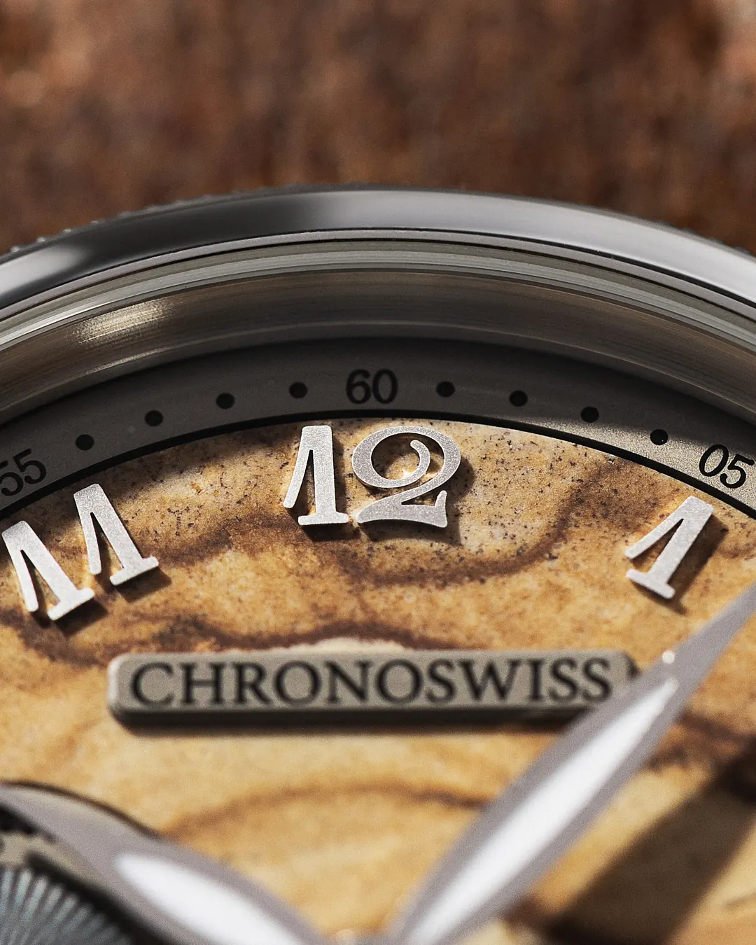 Chronoswiss Small Second Jasper brown calfskin leather strap detail