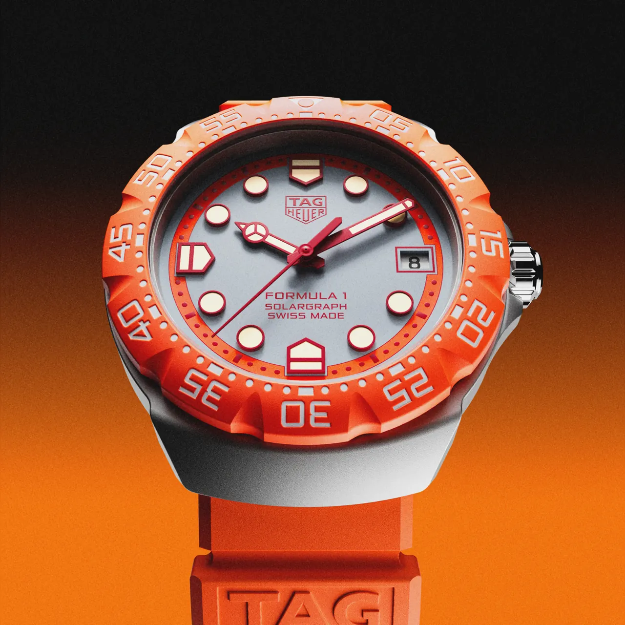 TAG Heuer Formula 1 Solargraph 38mm sandblasted steel case TH-Polylight orange bezel close-up