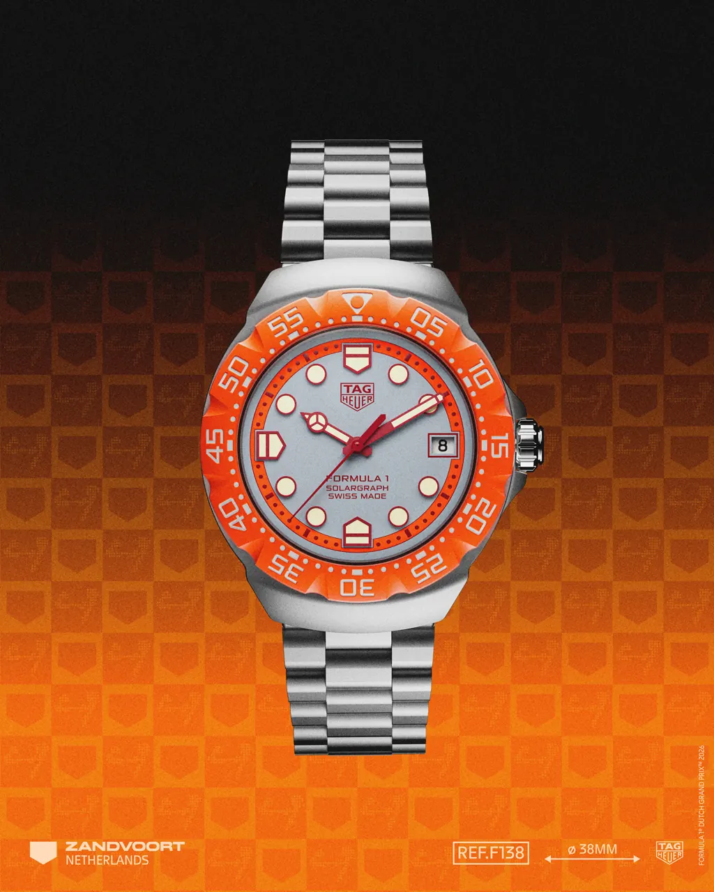 TAG Heuer Formula 1 Solargraph 38mm steel bracelet edition grey dial orange-red minuterie detail