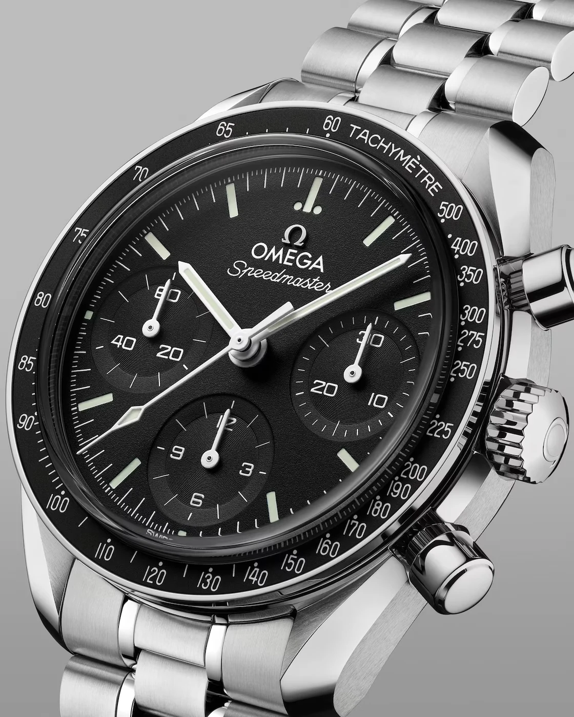 OMEGA Speedmaster 38 Co-Axial Chronometer Chronograph 38 mm on a steel bracelet, black dial with tachymetre bezel