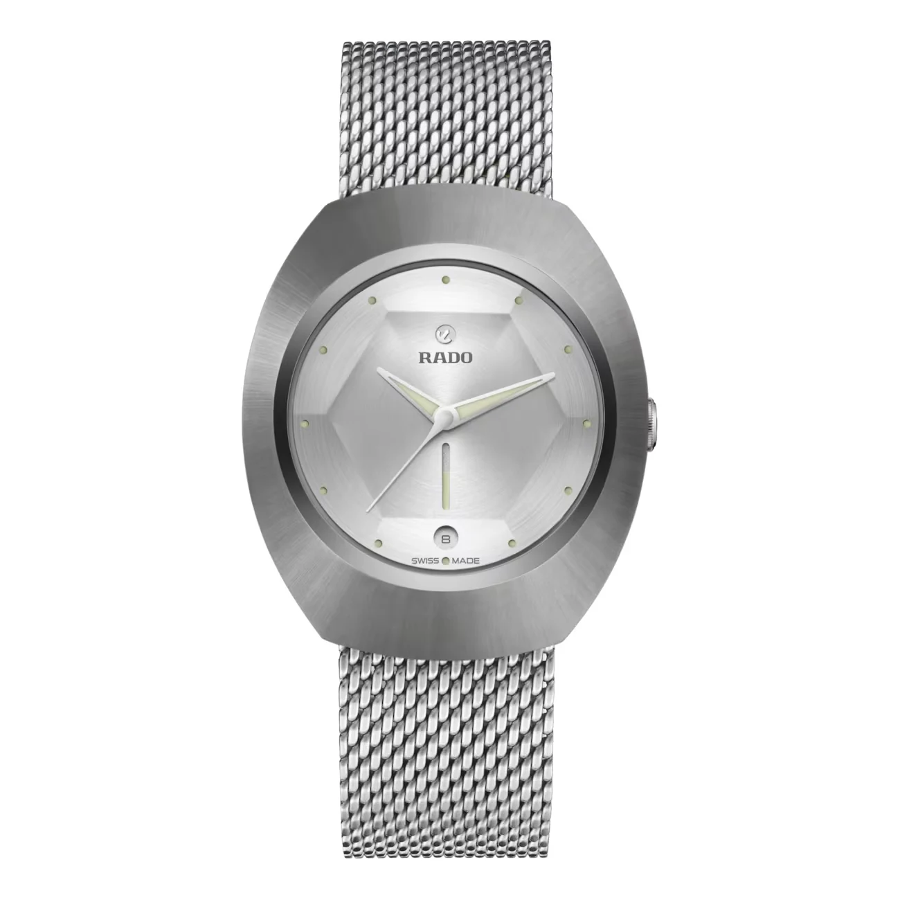 Rado DiaStar Original 60-Year Anniversary Edition R12163118, front view: monochrome grey dial under a faceted sapphire crystal, Ceramos bezel, stainless steel Milanese mesh bracelet