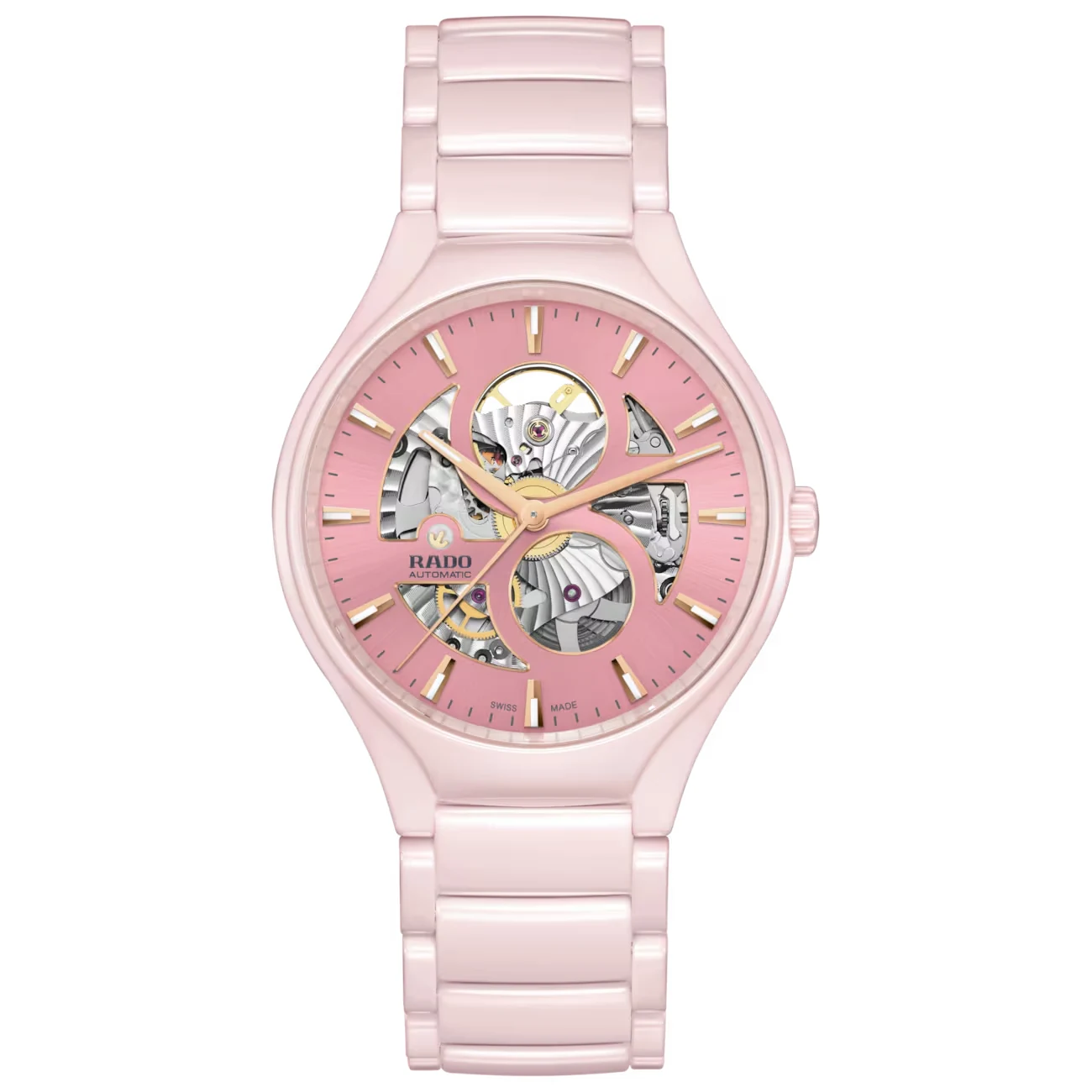 Rado True Round Open Heart Limited Edition R27183012, front view: pink photochromic open-heart dial with rose gold-coloured hands, rose high-tech ceramic case and bracelet