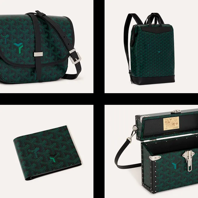 Goyard Evergreen Goyardine canvas pieces showing deep green and opaline shades with hand-painted chevron pattern