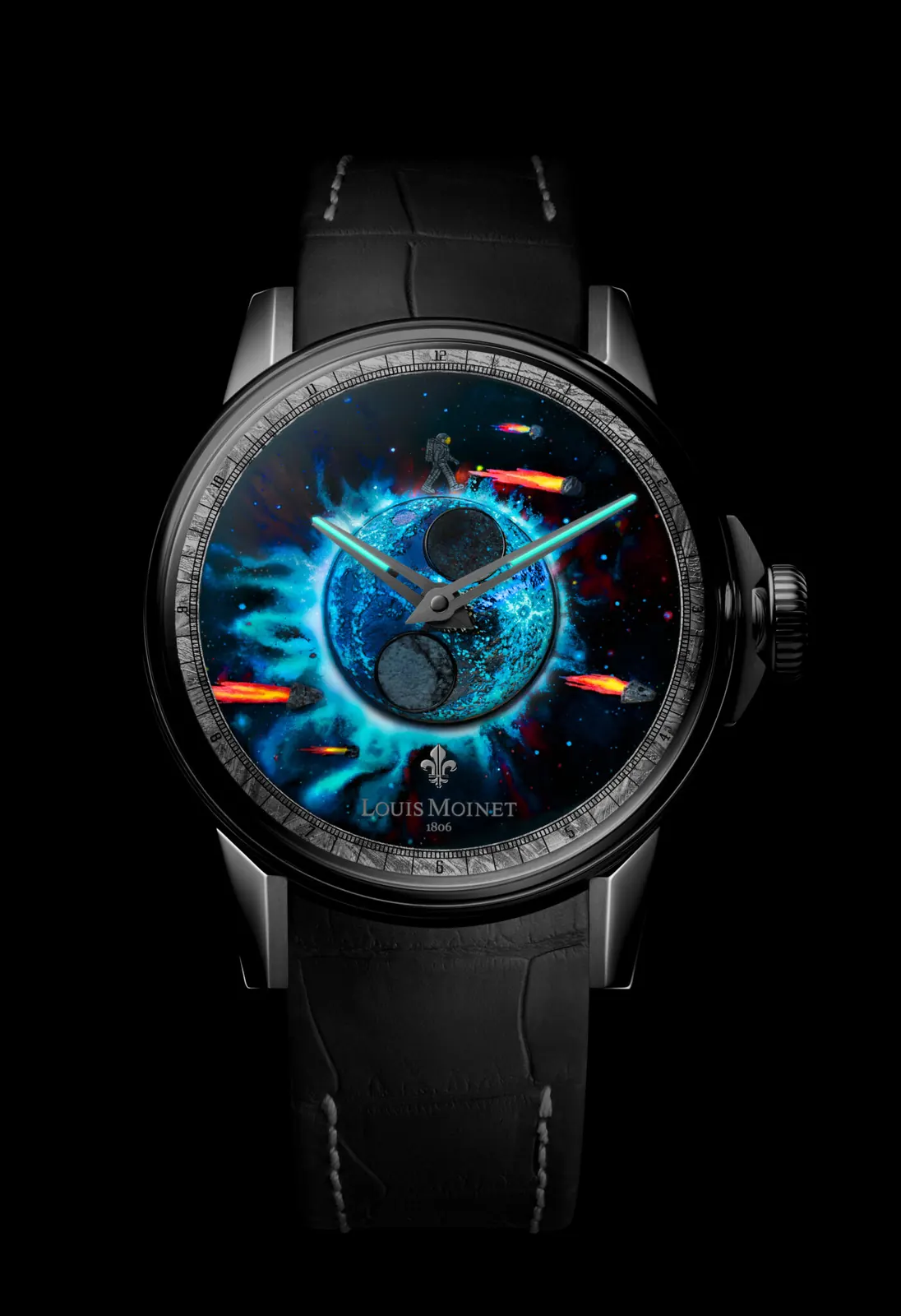 Louis Moinet Moon Meteor dial with luminescent miniature painting and meteorite fragments