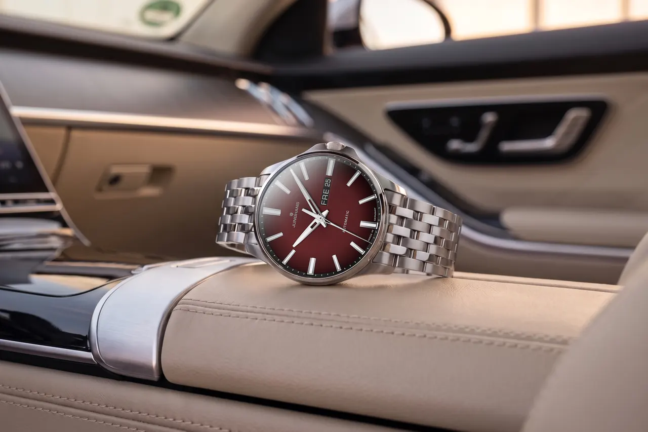 Junghans Meister S Automatic deep red gradient dial on stainless steel bracelet