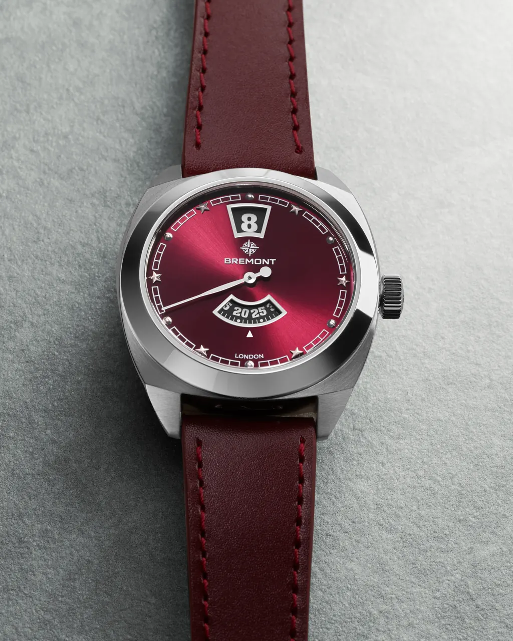 Bremont Terra Nova 35 Jumping Hour in steel on grey nubuck leather strap