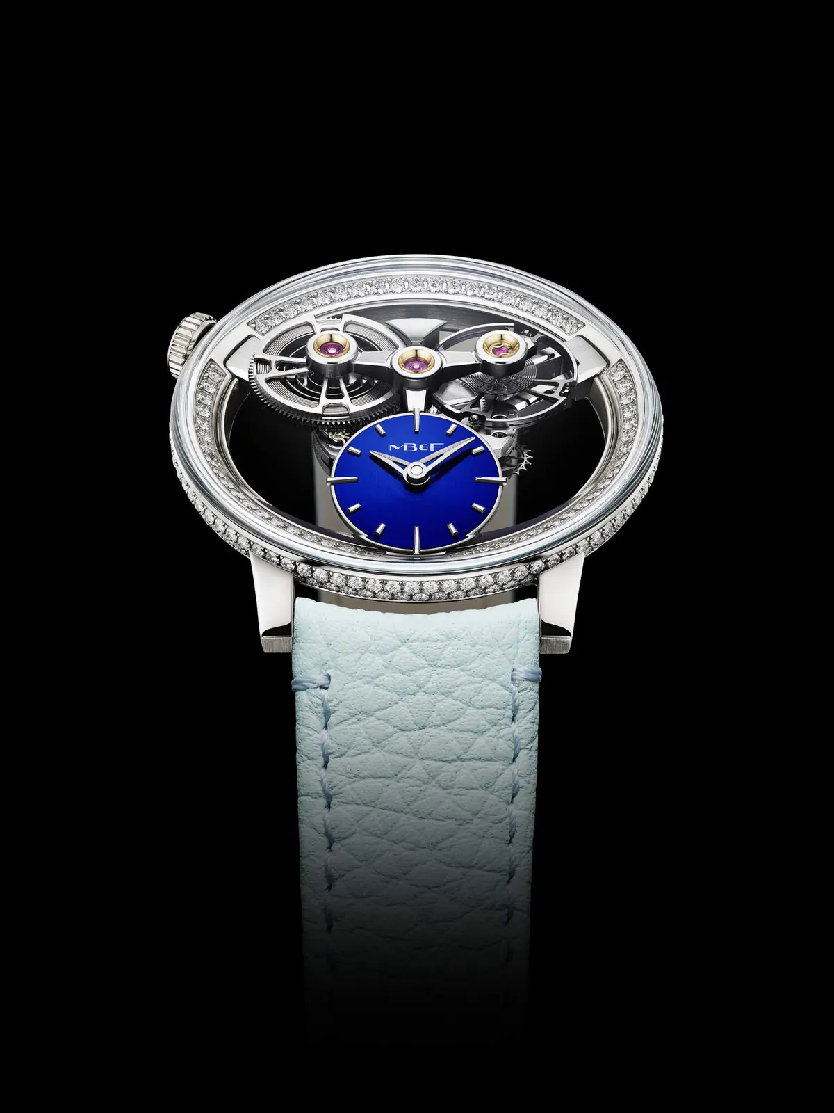 MB&F SP One Pavée dark blue inclined dial and floating balance wheel at 2 o'clock