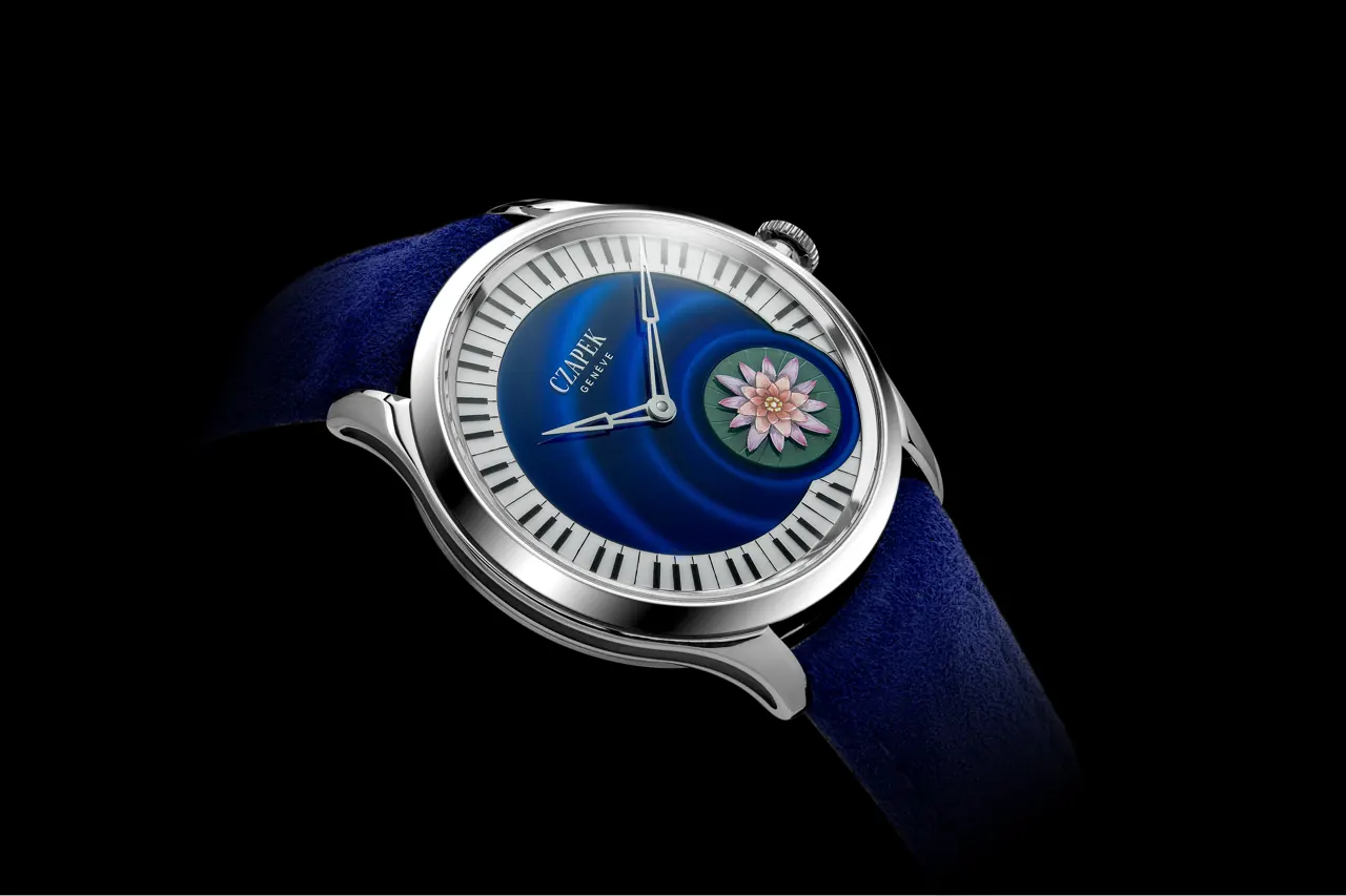 Czapek Promenade L'Écume des Jours blue enamel and jade dial with piano key flange