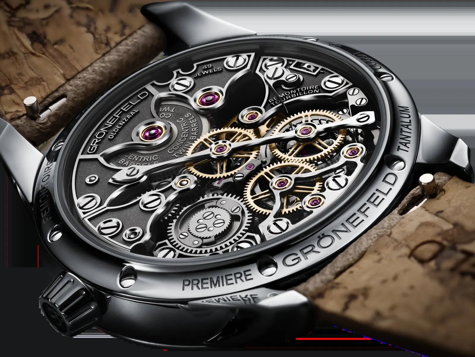 Grönefeld 1941 Quadrivium dial showing flying tourbillon at 6 o'clock and jumping seconds hand