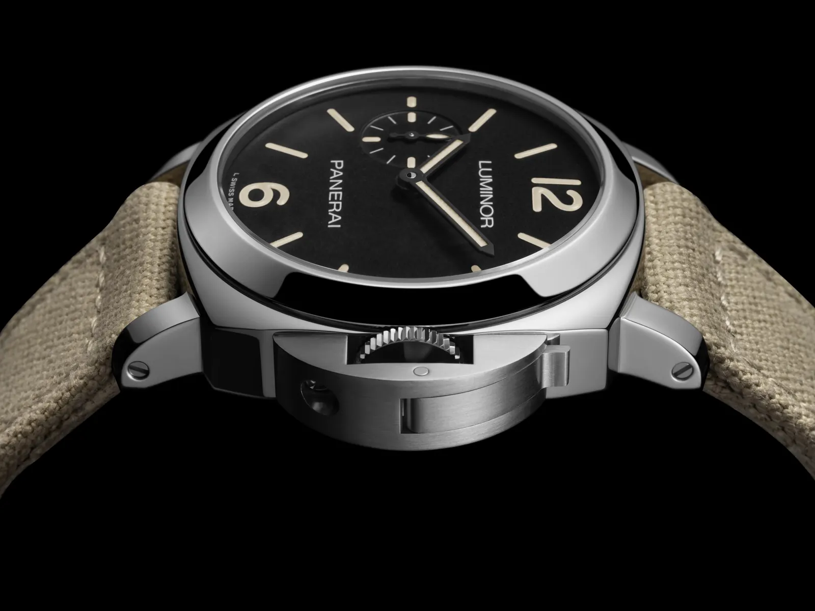 Panerai Luminor PAM01710 42mm steel case with black dial and beige canvas strap
