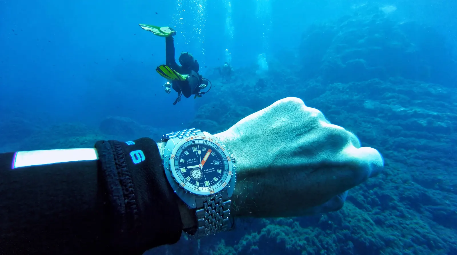 DOXA SUB 300T Sharksaver Fins Attached front view, 42.50mm stainless steel case