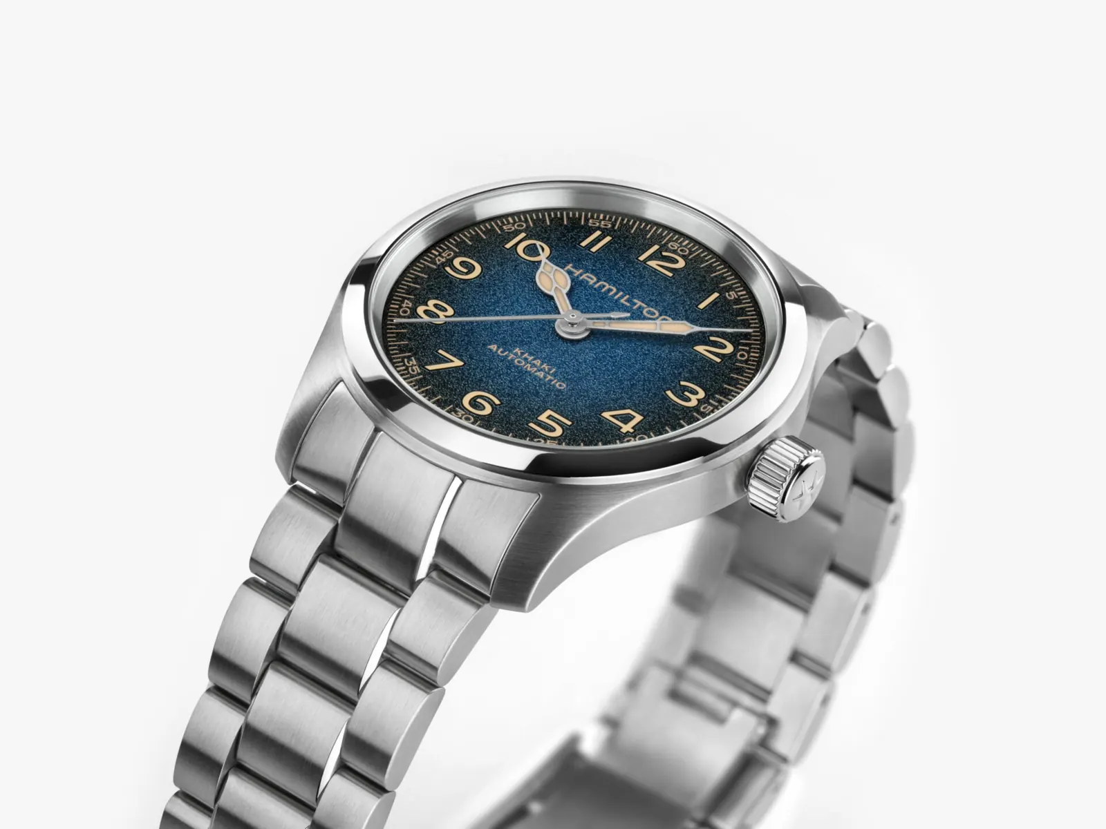 Hamilton Khaki Field Blue Murph 38mm close-up of the grained blue dial and cathedral hands