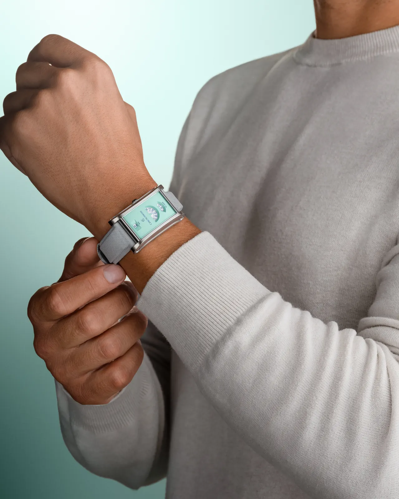 Chronoswiss Neo Digiteur Mint pastel green dial rectangular case detail