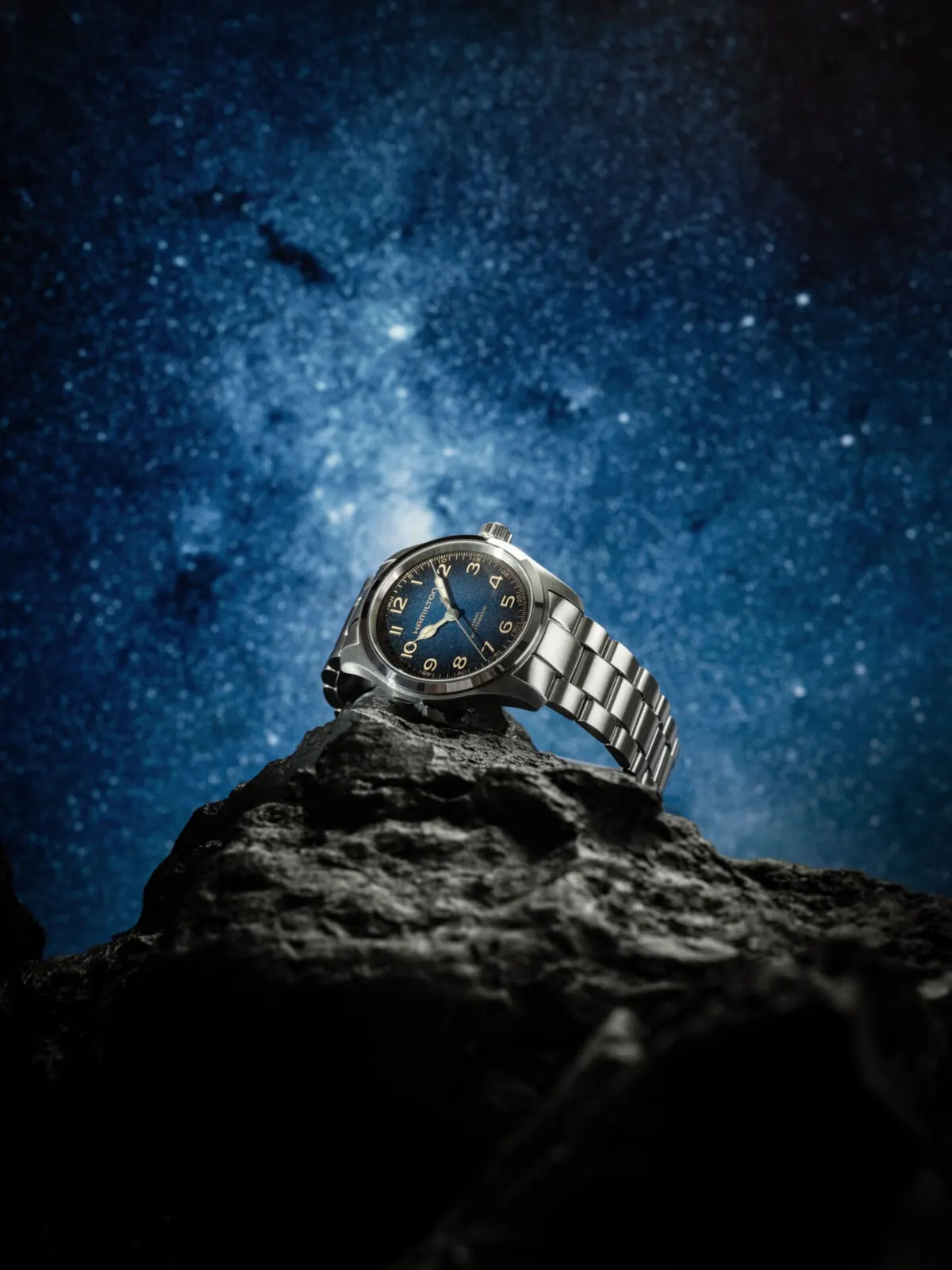 Hamilton Murph 38mm deep blue dial showing cathedral hands and domed numerals