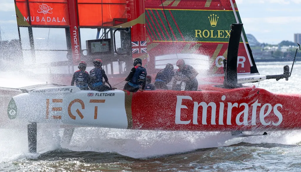 Hannah Mills strategist for Emirates GBR SailGP Team competing at the Rolex Switzerland Sail Grand Prix Geneva