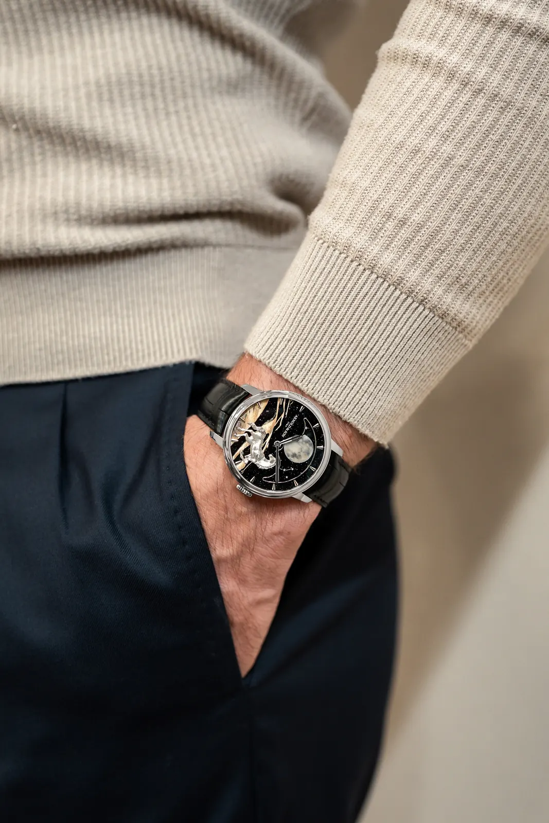 Arnold & Son Perpetual Moon 41.5 Platinum case back showing secondary moon-phase display