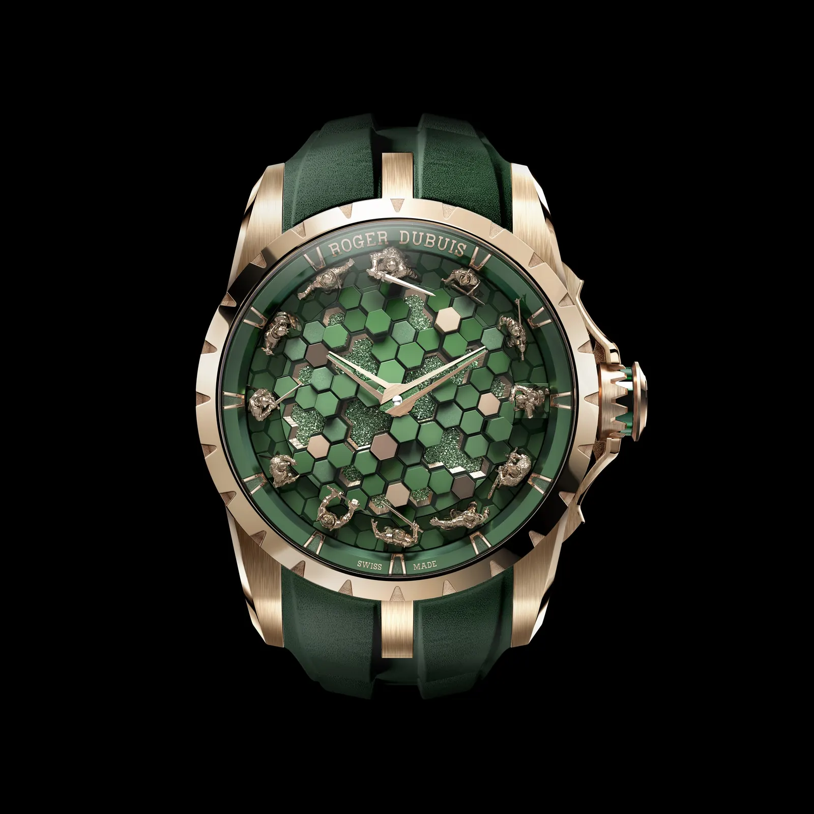 Roger Dubuis Excalibur Metamorph Merlin hand-engraved pink gold case with Merlin and white stag