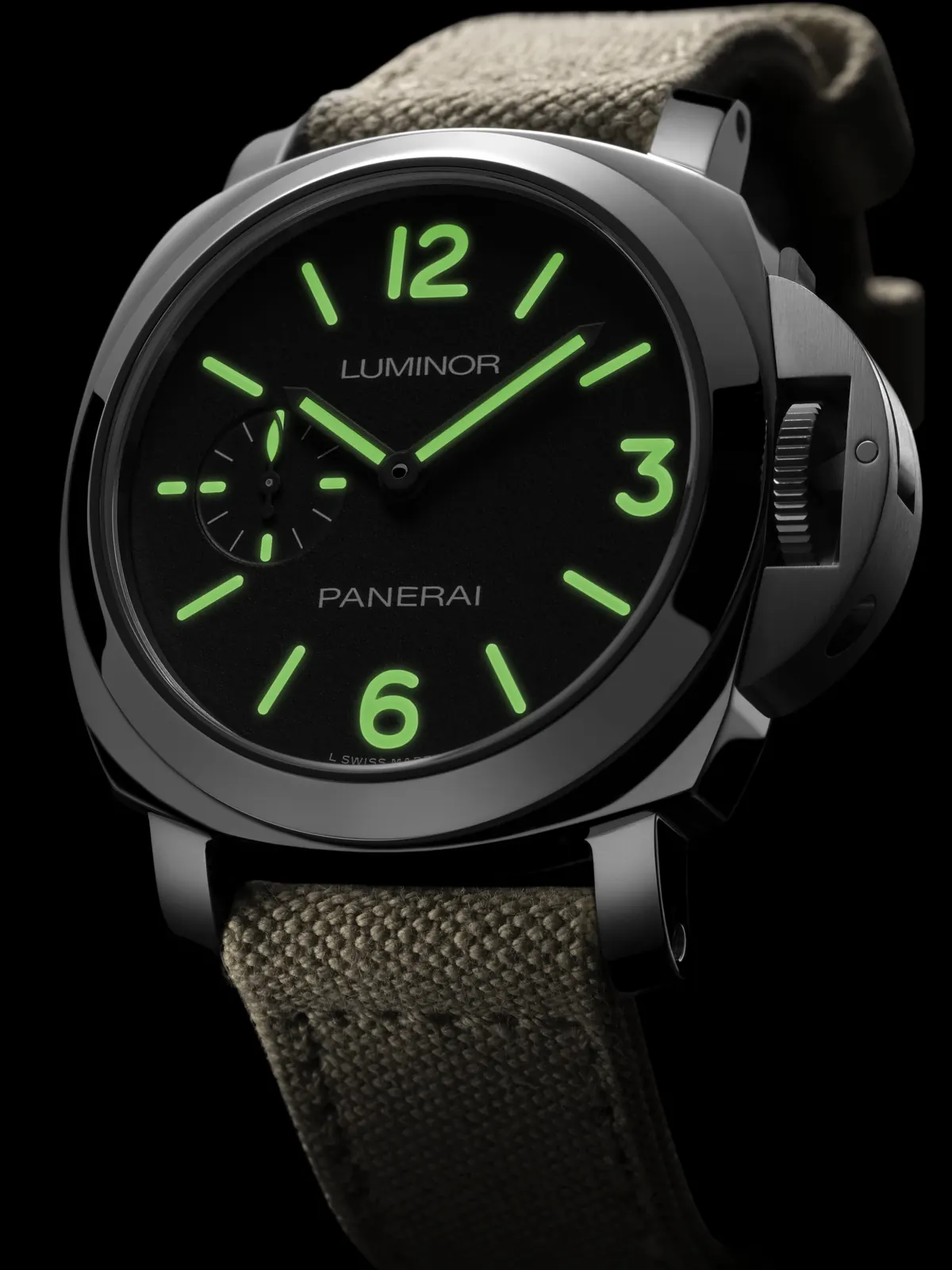 Panerai Luminor PAM01711 42mm steel case with matte green dial and green canvas strap