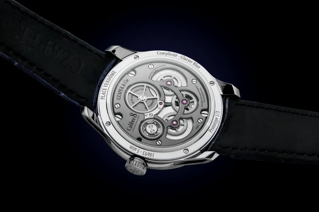 Czapek Place Vendôme Complicité Glacier Blue platinum dial detail with double balance wheels