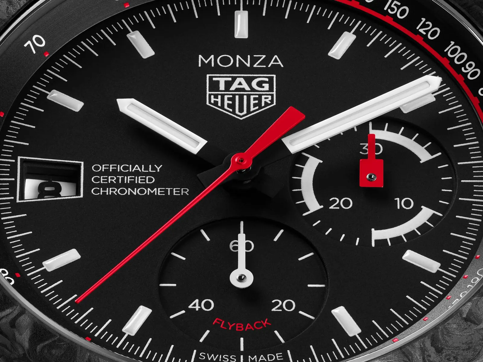 TAG Heuer Monza Flyback Chronograph case back showing COSC-certified Calibre TH20-12 through sapphire crystal