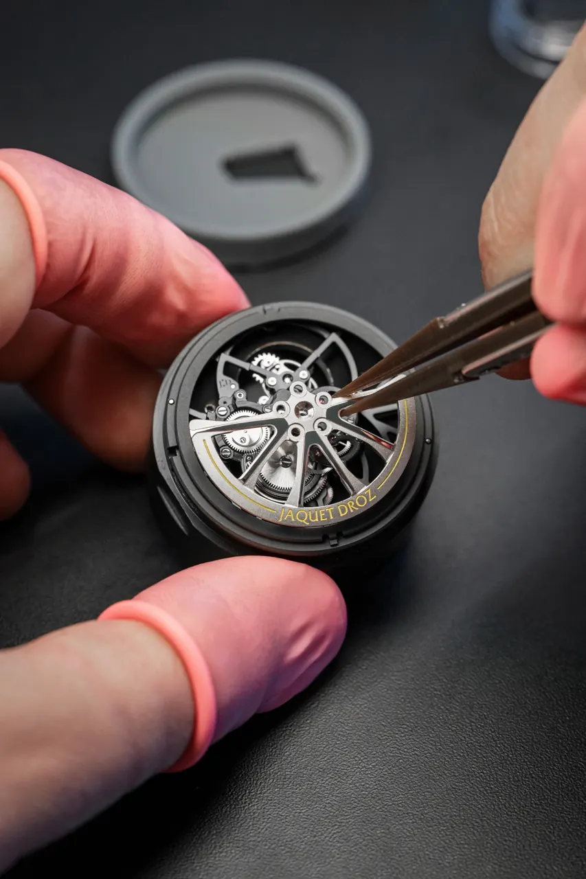 Jaquet Droz 8-Day Tourbillon movement with black galvanic treatment and polished tourbillon cage
