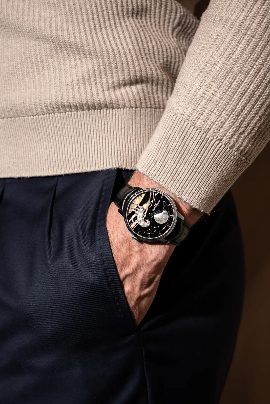 Arnold & Son Perpetual Moon 41.5 Platinum Horse of the Dunes on black alligator leather strap