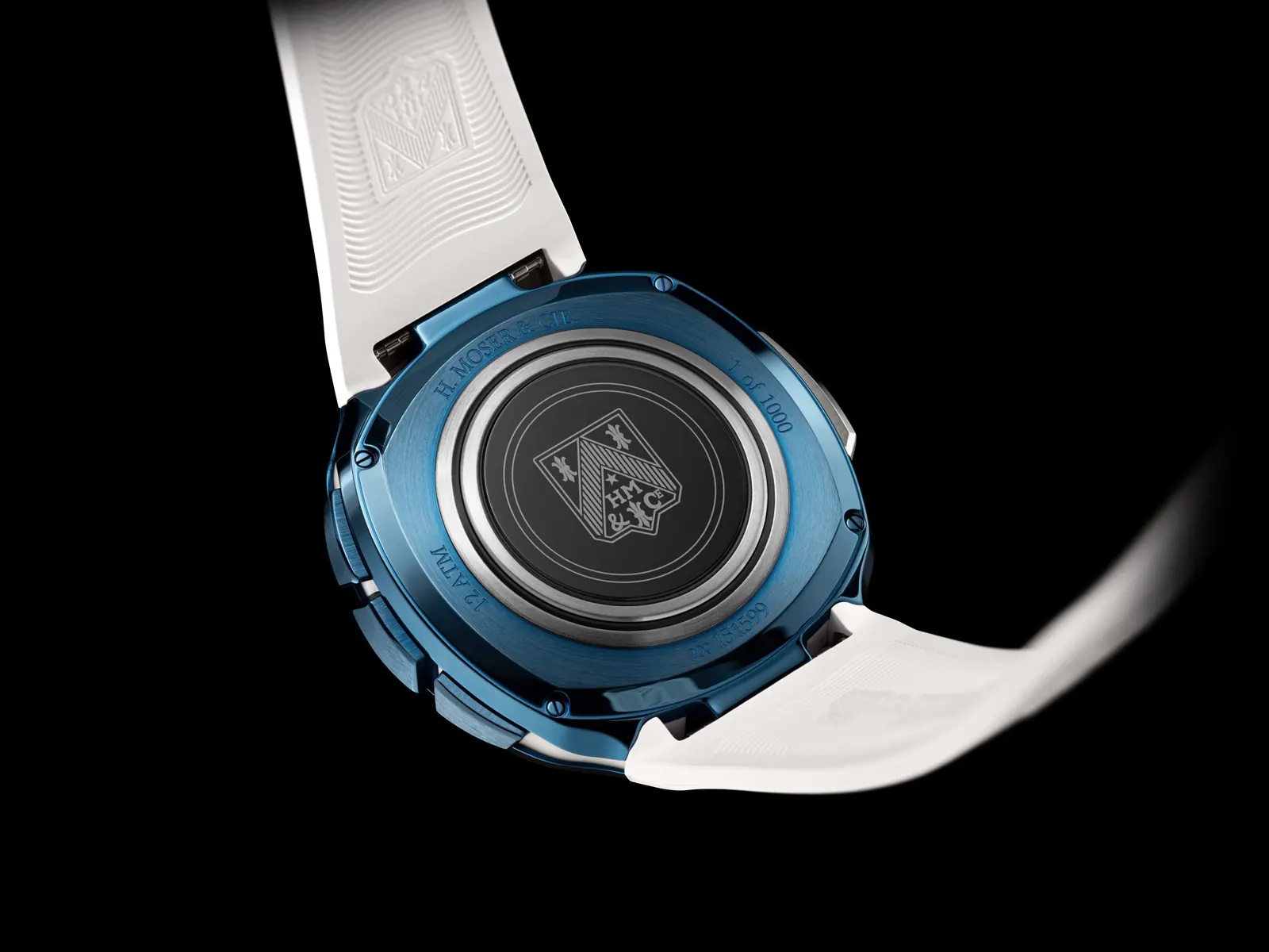 H. Moser & Cie. Off-Grid sapphire crystal case-back with Moser hallmark engraving