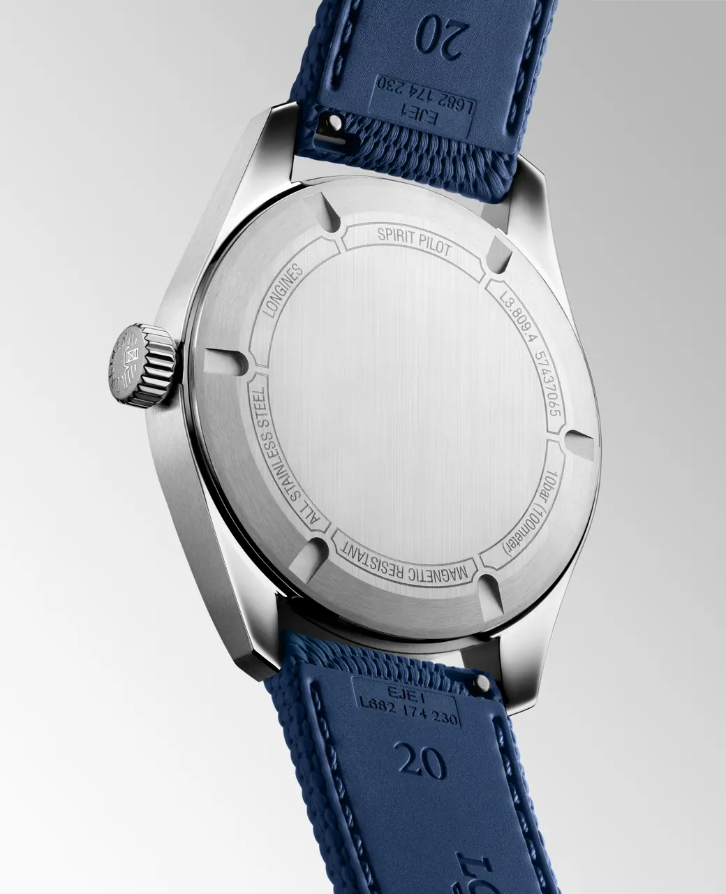 Longines Spirit Pilot Flyback 39.5mm case showing blue rubber strap option