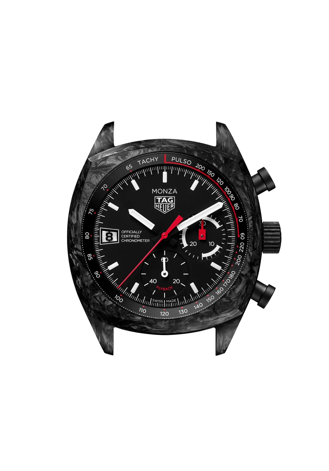 TAG Heuer Monza Flyback Chronograph black perforated calfskin strap with red stitching