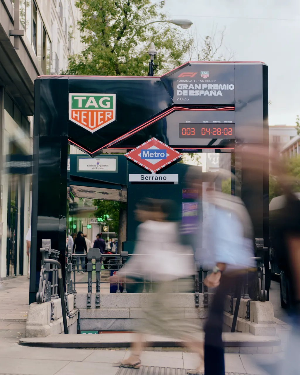 TAG Heuer branding on the main straight of the Madrid Formula 1 circuit during the Gran Premio de España 2026