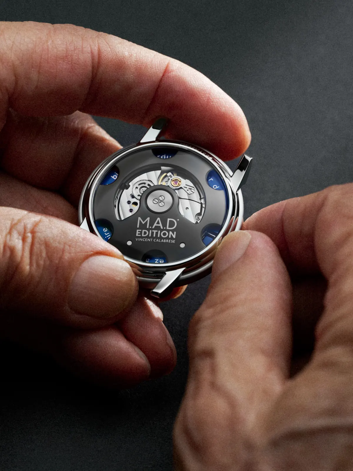 MB&F M.A.D.3 Vincent Calabrese caseback view through domed sapphire crystal