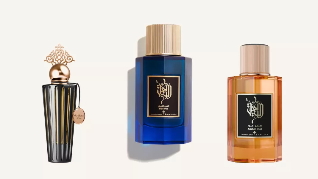 Ibraq Iconic Oud Leather, Blue Oud and Al Wafia Amber Oud perfume bottles Ibraq Iconic Oud Leather, Blue Oud and Al Wafia Amber Oud perfume bottles