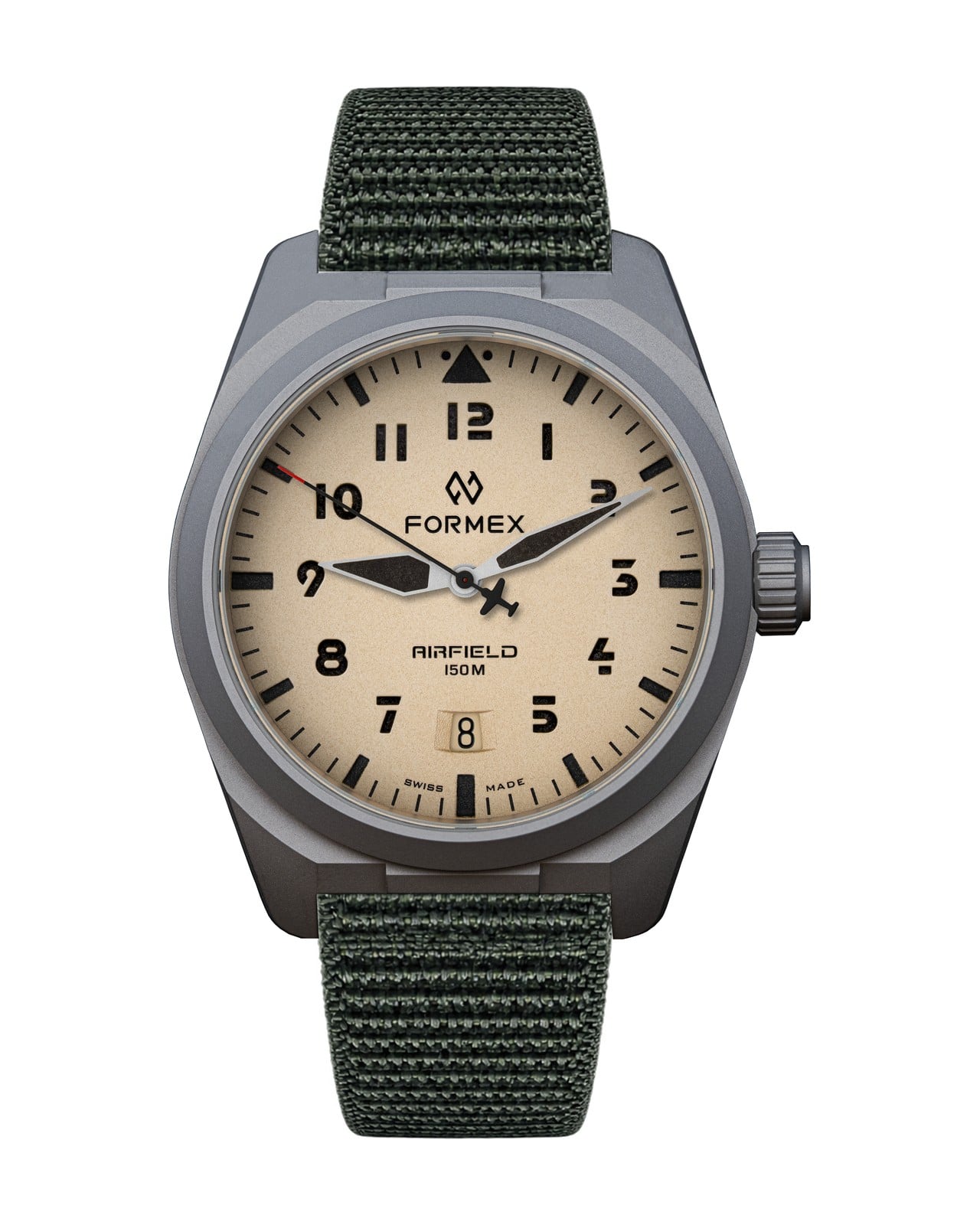 Formex AirField Desert Sand dial showing bevelled date window at 6 o'clock