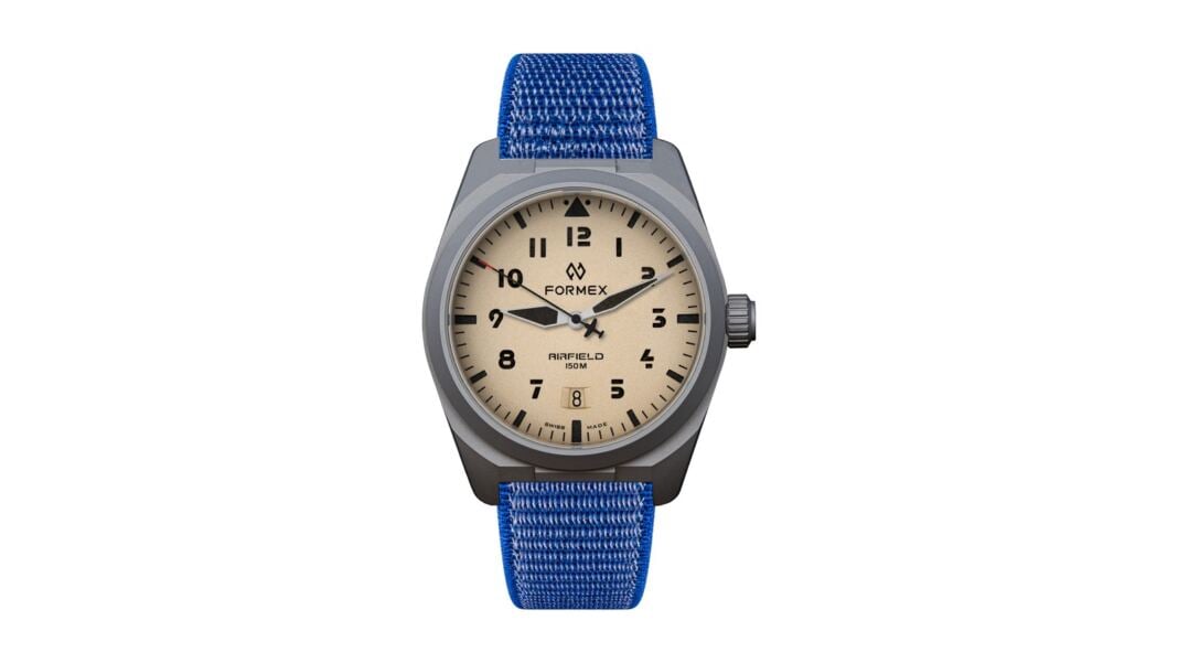 FORMEX AirField with Desert Sand dial on a blue textile strap, grade-2 titanium case