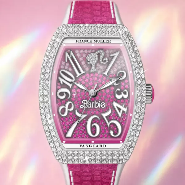 Franck Muller Barbie Pink Diamond-Diamond Watch, dial close-up, official Franck Muller × Barbie edition sold by WATCHESPEDIA