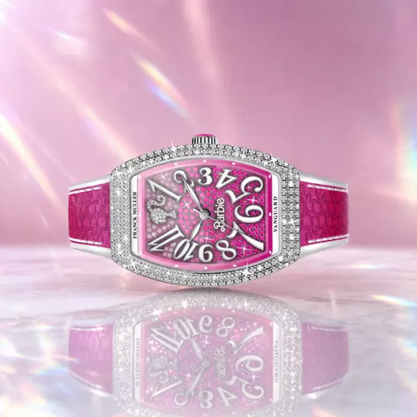 Franck Muller Barbie Pink Diamond-Diamond Watch, side profile, official Franck Muller × Barbie edition sold by WATCHESPEDIA