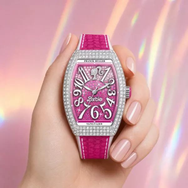Franck Muller Barbie Pink Diamond-Diamond Watch, on the wrist, official Franck Muller × Barbie edition sold by WATCHESPEDIA
