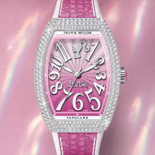 Franck Muller Barbie Pink Diamond Watch, dial close-up, official Franck Muller × Barbie edition sold by WATCHESPEDIA