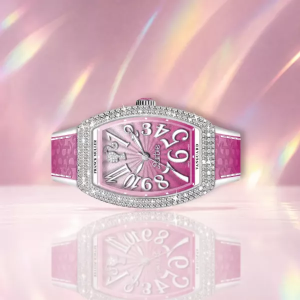 Franck Muller Barbie Pink Diamond Watch, side profile, official Franck Muller × Barbie edition sold by WATCHESPEDIA