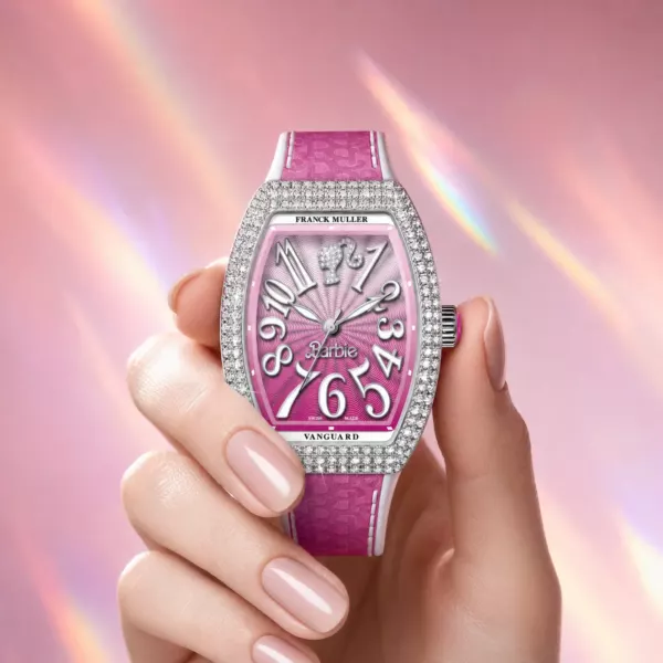 Franck Muller Barbie Pink Diamond Watch, on the wrist, official Franck Muller × Barbie edition sold by WATCHESPEDIA