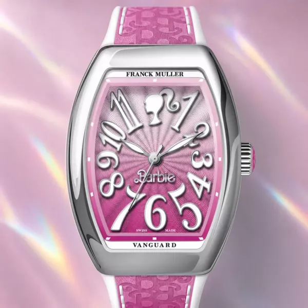 Franck Muller Barbie Pink Steel Watch, dial close-up, official Franck Muller × Barbie edition sold by WATCHESPEDIA