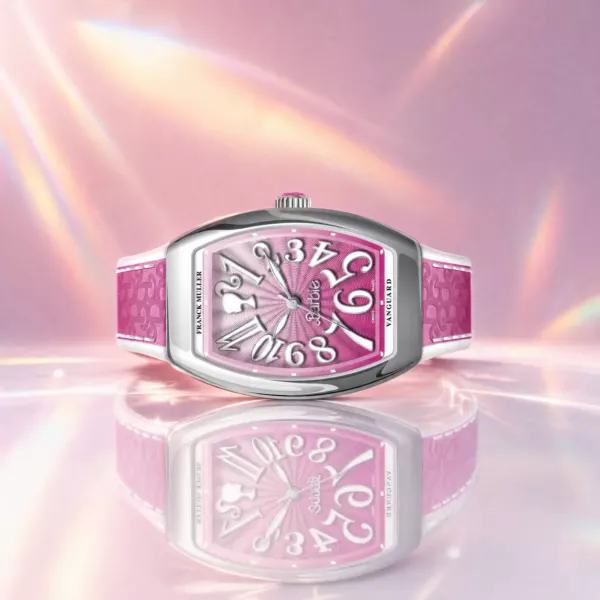 Franck Muller Barbie Pink Steel Watch, side profile, official Franck Muller × Barbie edition sold by WATCHESPEDIA