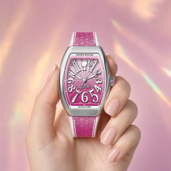 Franck Muller Barbie Pink Steel Watch, on the wrist, official Franck Muller × Barbie edition sold by WATCHESPEDIA