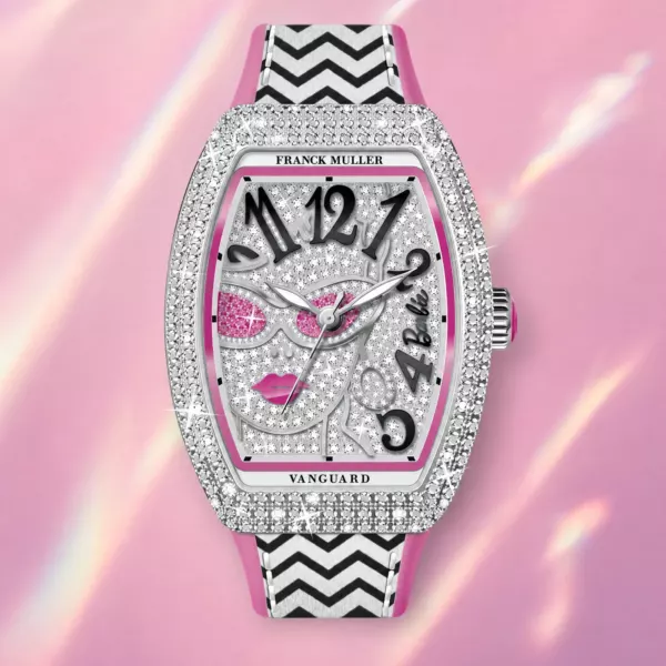 Franck Muller Barbie Vintage Diamond-Diamond Watch, dial close-up, official Franck Muller × Barbie edition sold by WATCHESPEDIA