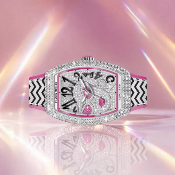 Franck Muller Barbie Vintage Diamond-Diamond Watch, side profile, official Franck Muller × Barbie edition sold by WATCHESPEDIA