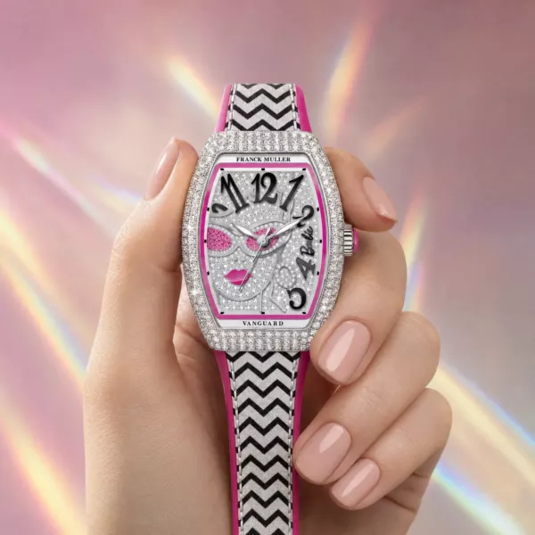 Franck Muller Barbie Vintage Diamond-Diamond Watch, on the wrist, official Franck Muller × Barbie edition sold by WATCHESPEDIA