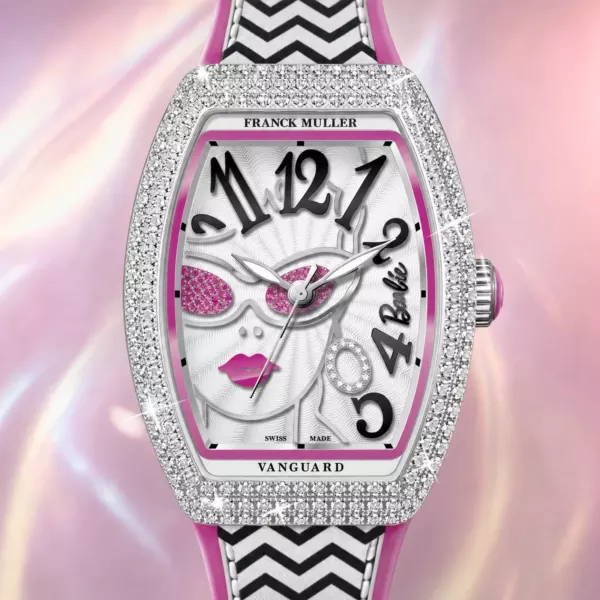 Franck Muller Barbie Vintage Diamond Watch, dial close-up, official Franck Muller × Barbie edition sold by WATCHESPEDIA