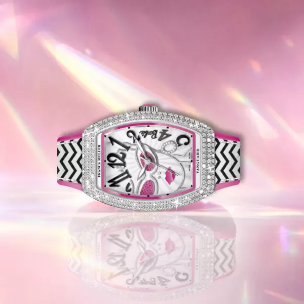 Franck Muller Barbie Vintage Diamond Watch, side profile, official Franck Muller × Barbie edition sold by WATCHESPEDIA