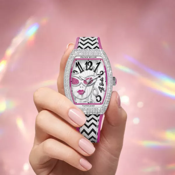 Franck Muller Barbie Vintage Diamond Watch, on the wrist, official Franck Muller × Barbie edition sold by WATCHESPEDIA