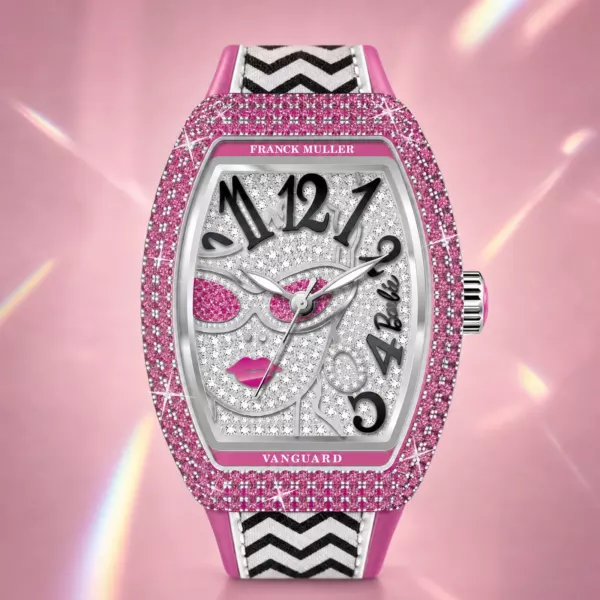 Franck Muller Barbie Vintage Sapphire-Diamond Watch, dial close-up, official Franck Muller × Barbie edition sold by WATCHESPEDIA